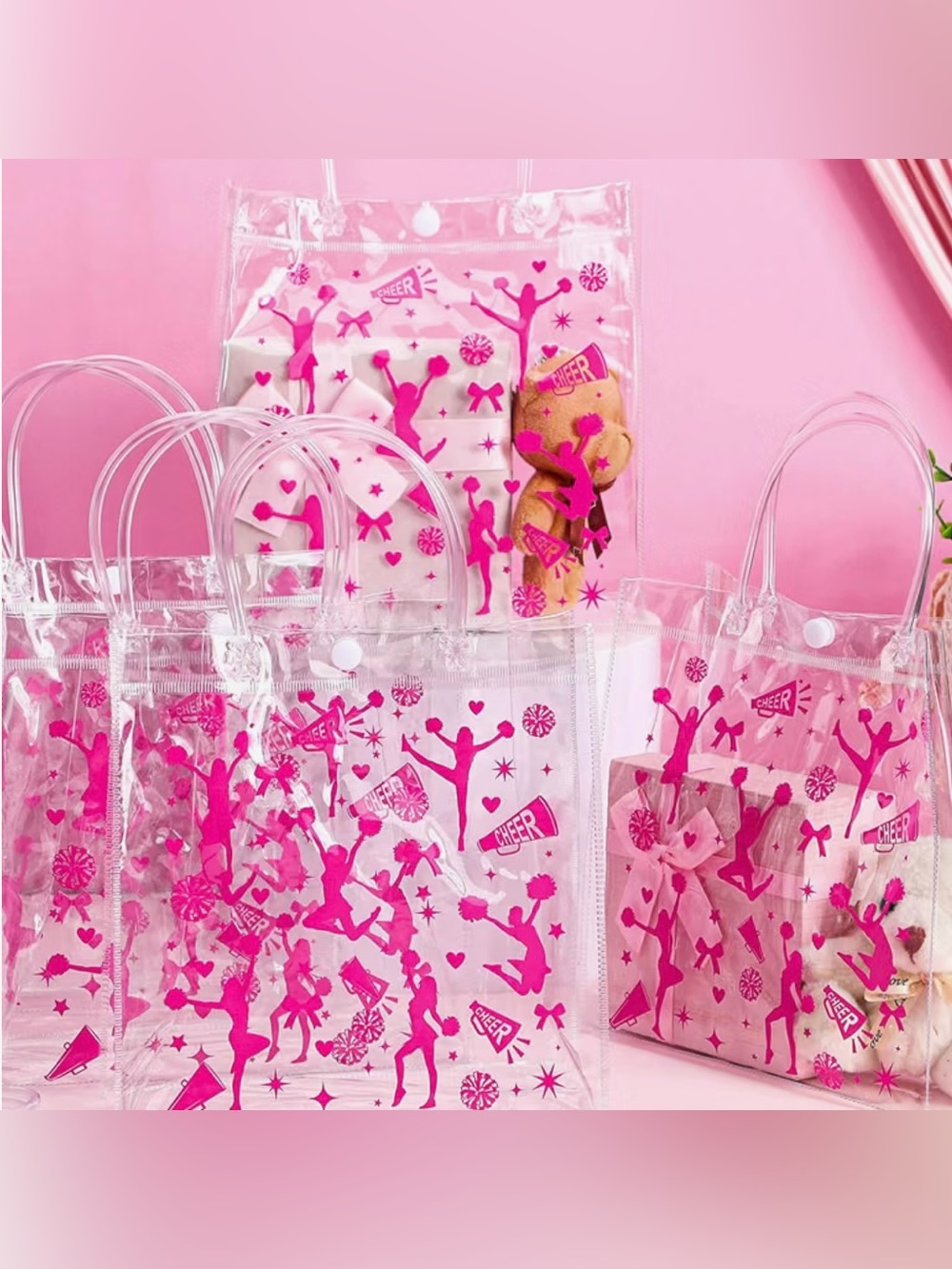 4 Pieces Clear Pink Cheerleader Gift Bags Tote Bags